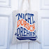 Jutebeutel NICHT DORSCHDREHEN mit blau-orange Schrift – Detailaufnahme