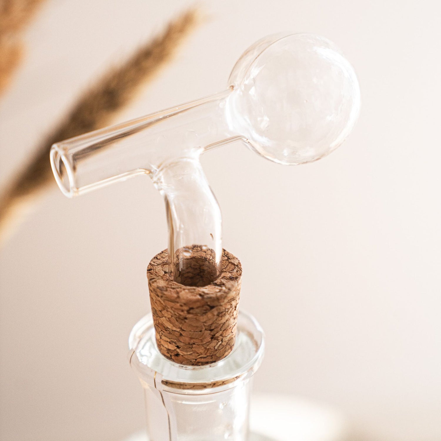 Schnapsdosierer aus Glas mit Korkverschluss auf einer Flasche – stilvolles Barzubehör