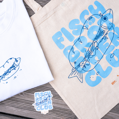 Fischbrötchenclub Set mit T-Shirt und Jute-Beutel, Rückenprint mit Schriftzug und Sticker
