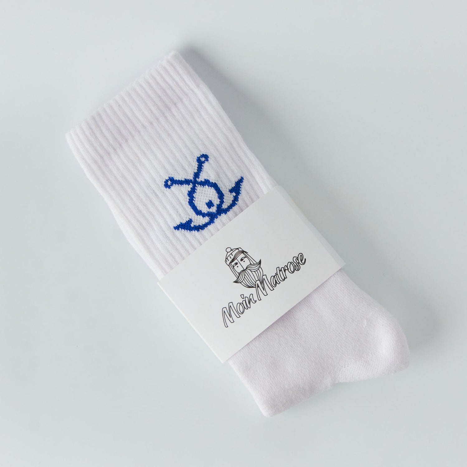 Detailaufnahme von weißen Fangfrisch Socken mit blauem Anker im gerippten Bund